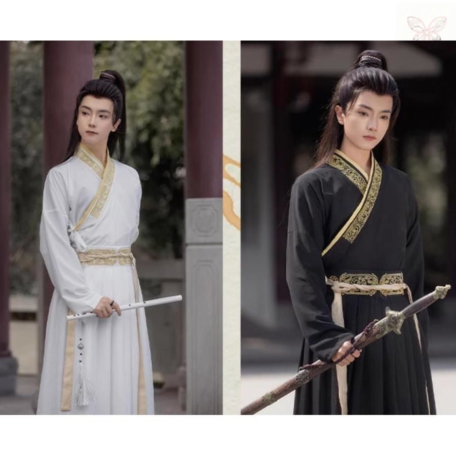 【新作】 メンズ チャイナ服3点セット 中華コスプレ衣装 振袖の羽織付き 華やか 中華服 大人 華流 ハロウィン 衣装 黒 白 エスニック 金色の刺繍 縁 新作