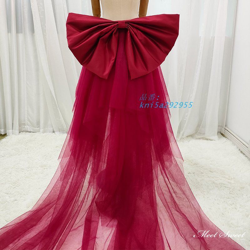 豊富なデザイン。 セミオーダー 取り外しトレーン 付けトレーン ワインレッド リボン 蝶結び 披露宴 二次会 結婚式 ドレスアレンジ 花嫁 チュール ブライダル kni5a292955