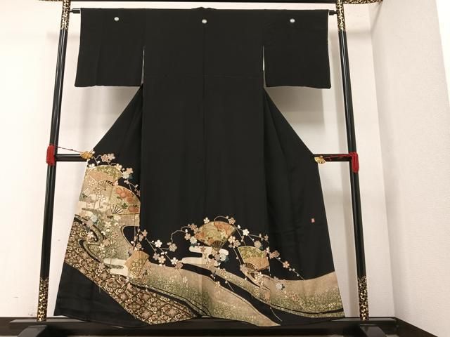 平和屋着物□豪華黒留袖 作家物 駒刺繍 扇面枝花文 金彩 やまと
