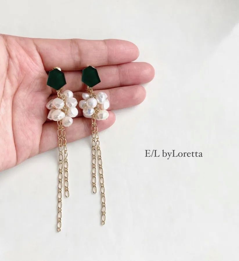 Mini KAKERA 淡水パール &times;chain tassel pierce/earring(Dark Green) [cc] 　ピアス　イヤリング