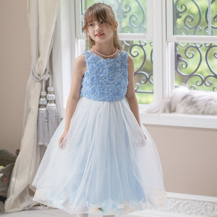 【サックス】バラチュールの花びら入りキッズドレス TAK キッズ キャサリンコテージ