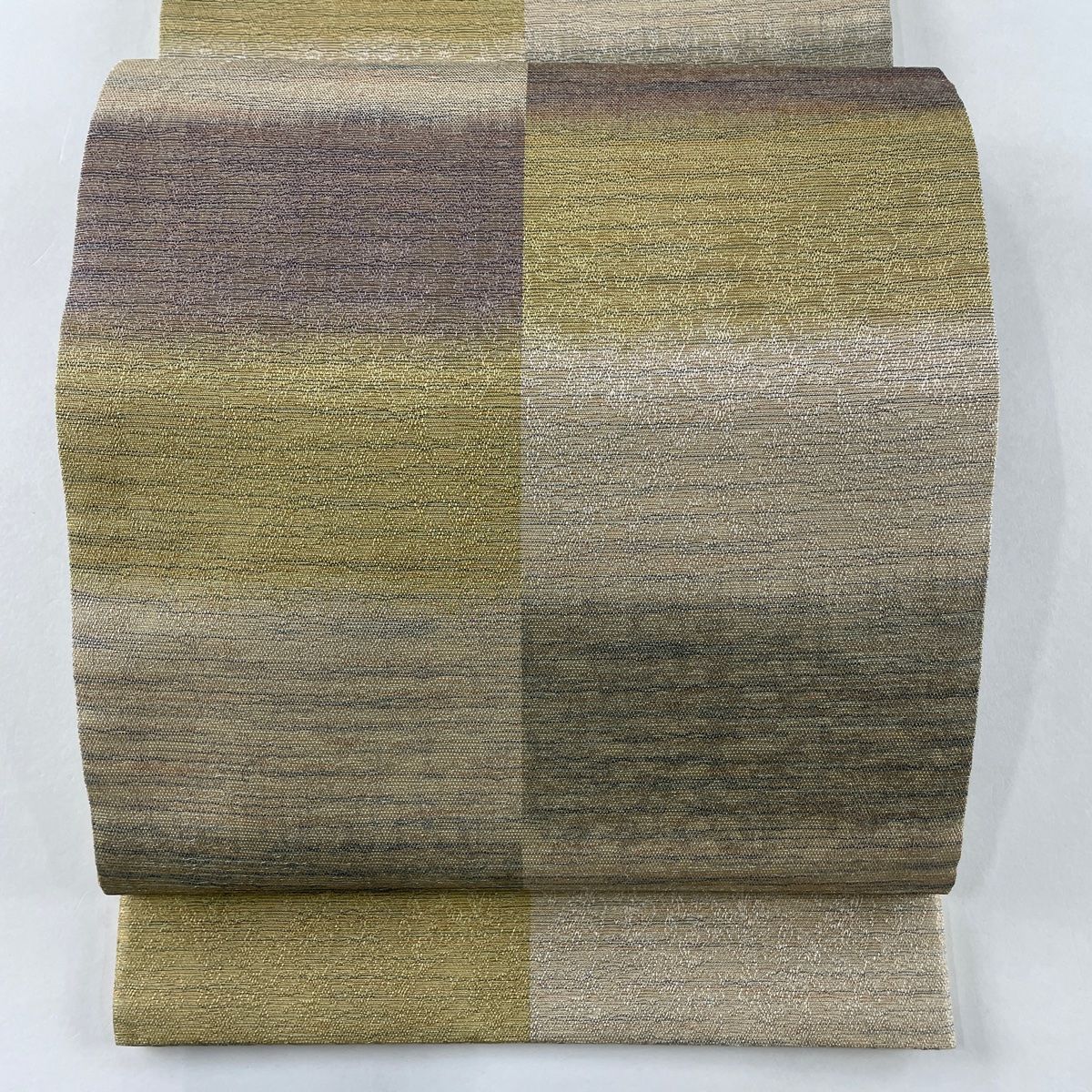 袋帯 逸品 紋屋井関 落款 御寮織 段縞 草花 金銀糸 青灰色 全通