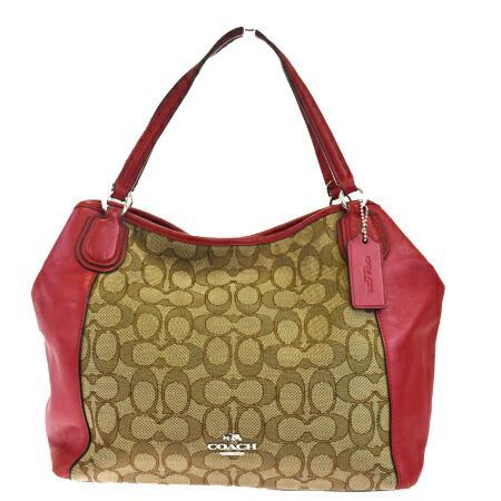 【中古】 コーチ COACH シグネチャー ショルダーバッグ ハンドバッグ ベージュ レッド キャンバス レザー 36370 08HD052