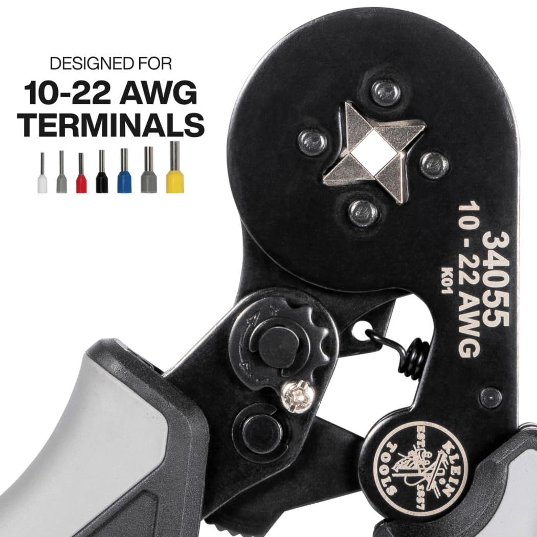 Klein Tools 34055 フェルール圧着工具 角型クリンパープライヤー 10 22AWGワイヤー端子用 調節 なラチェット内蔵 電気工事用