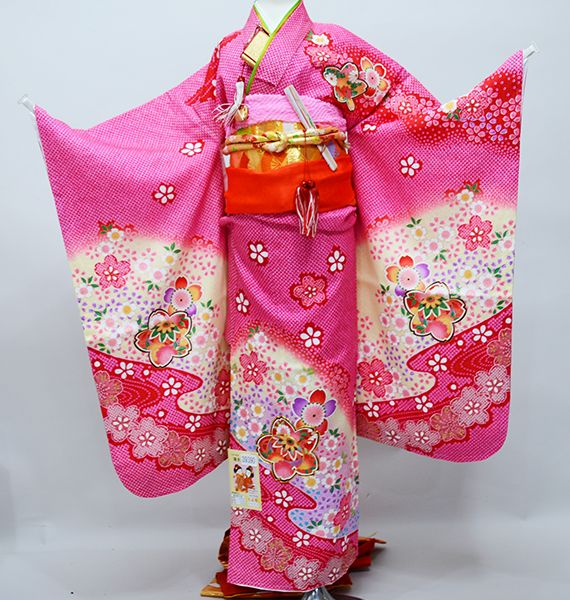 七五三 七歳 女児 正絹 着物フルセット 着物は陽気な天使 袋帯 NO39390 七五三 七歳 女児 正絹 着物 フルセット 着物は陽気な天使 絵羽四ツ身