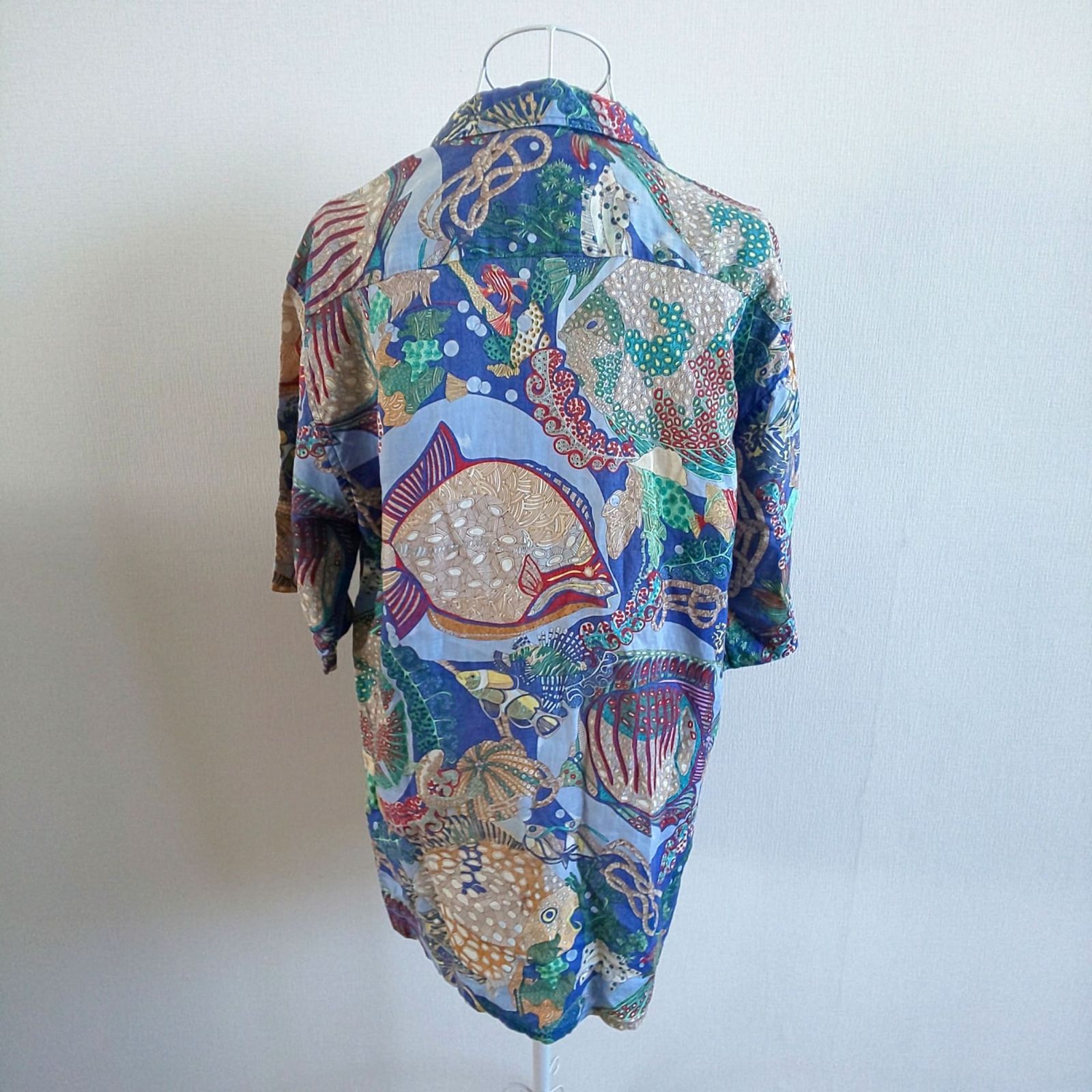 1155B-05 HERMES エルメス メンズ 麻100% リネン 半袖 シャツ 総柄 魚柄 マルチカラー サイズ37 14 1|2 ブランド