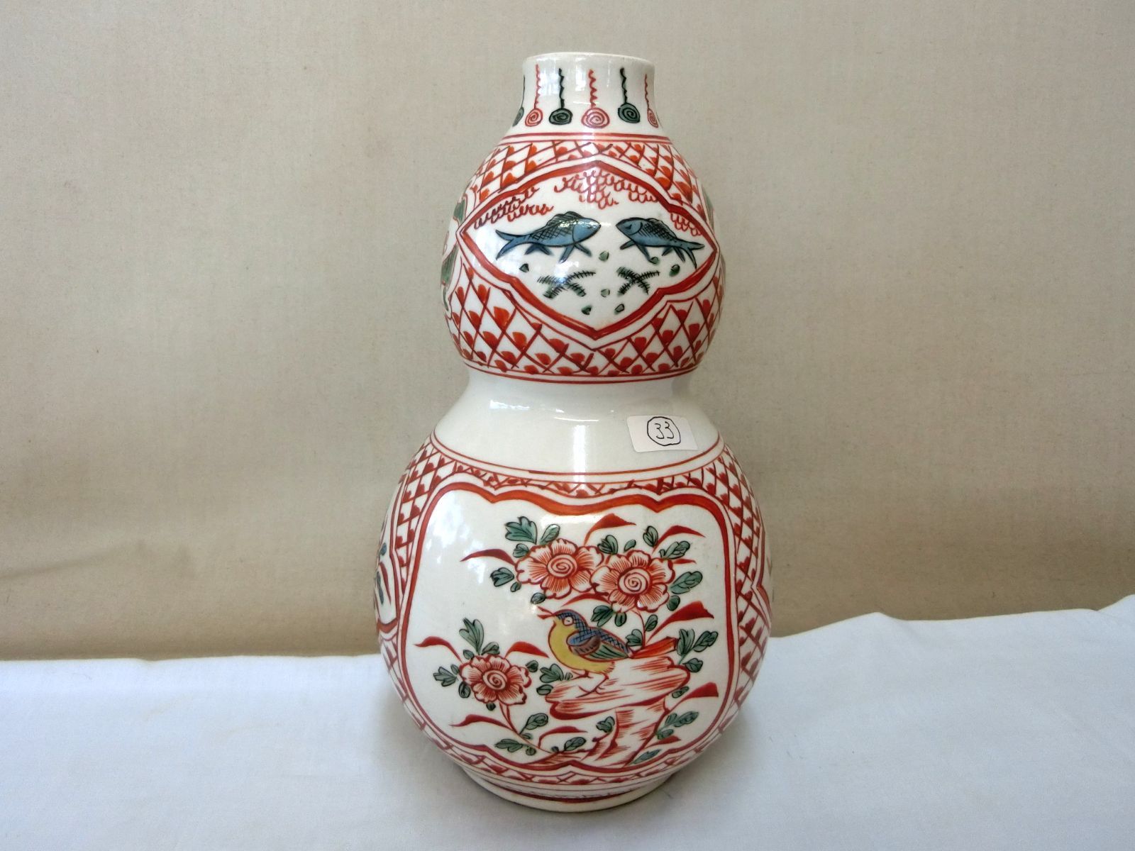 【九谷瓢箪型花器　色絵　角福銘　窓絵花鳥人物図・33】◆花瓶鑑賞　美術工芸　見事 九谷瓢箪型花器 色絵 角福銘 窓絵花鳥人物図・33】 鑑賞陶磁器