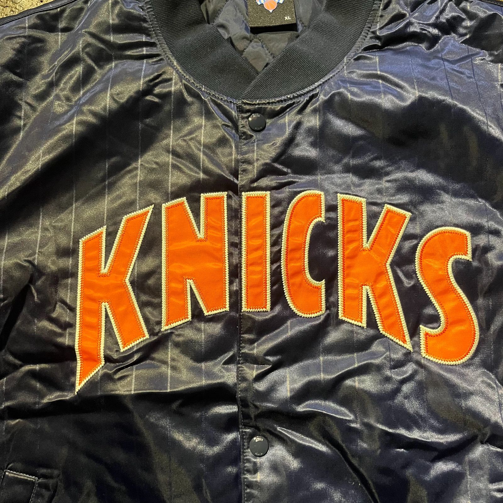 KITH × NEW YORK KNICKS Pinstripe Satin Bomber Jacket Nocturnal XL