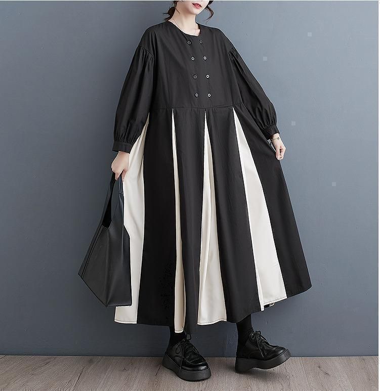 モード系　大きいサイズ レディース ロング　配色　大きいサイズワンピース　ワンピース　ロングドレス　Aライン　黒　ドレス　卒業式　春 秋冬 新品　モノトーン 長袖