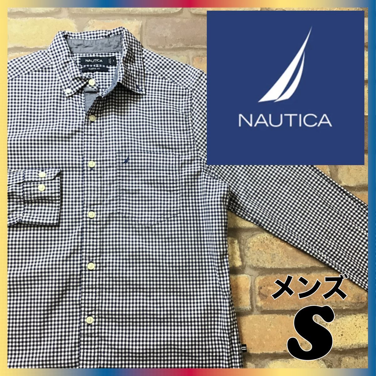 ME9-242◆USA直輸入◆正規◆良品【NAUTICA ノーティカ】ギンガムチェック 長袖 コットン ボタンダウンシャツ【メンズ S】ネイビー 薄手