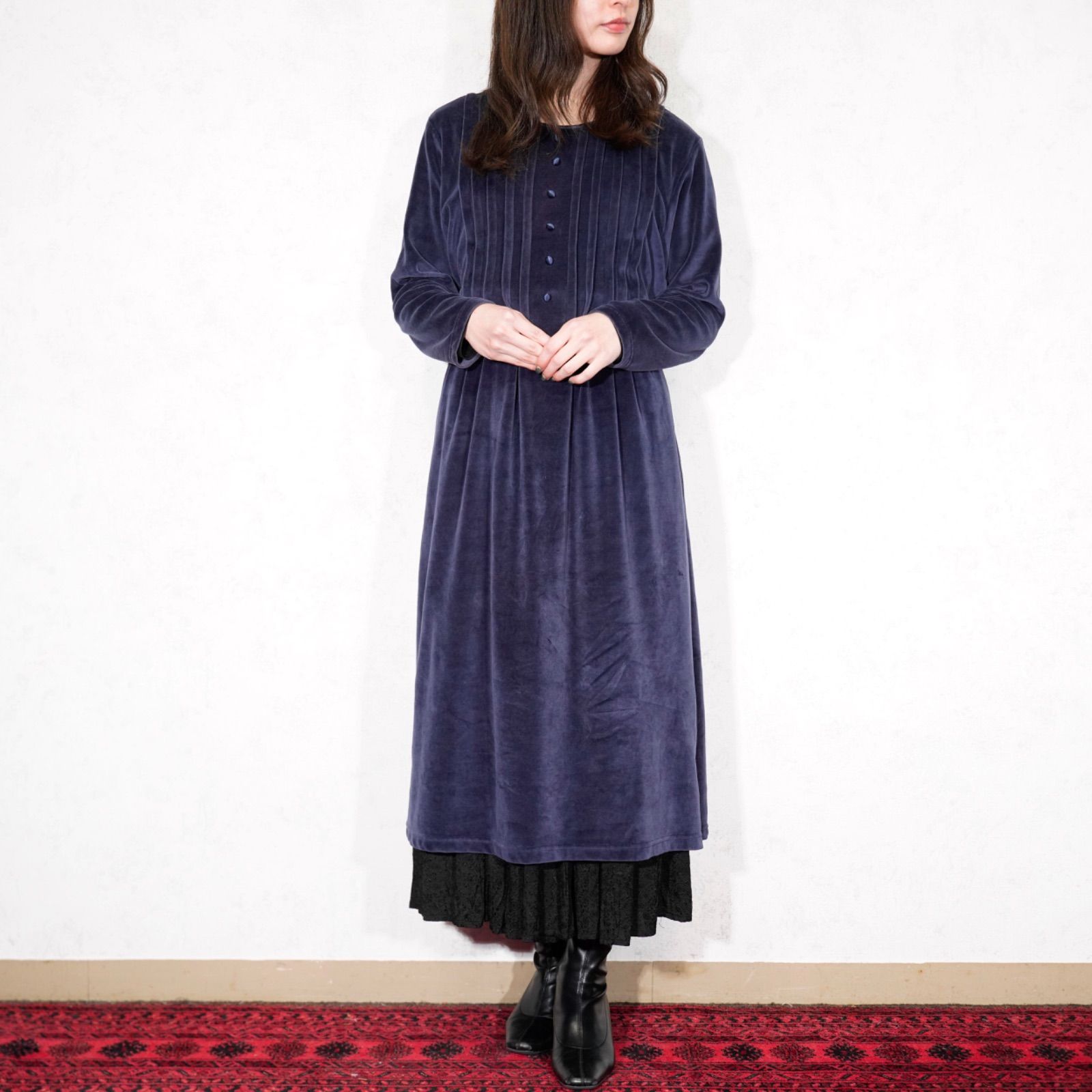 USA VINTAGE FADS BACK RIBBON PLEATES DESIGN VELOUR ONE PIECE アメリカ古着バックリボンプリーツデザインベロアワンピース