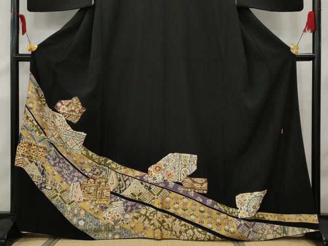 逸品❇️有名作家落款入り手描友禅金彩刺繍‥豪華正絹黒留め袖❇️フルセット 平和屋着物□豪華黒留袖 作家物 駒刺繍 更紗花鳥文 金彩 正絹