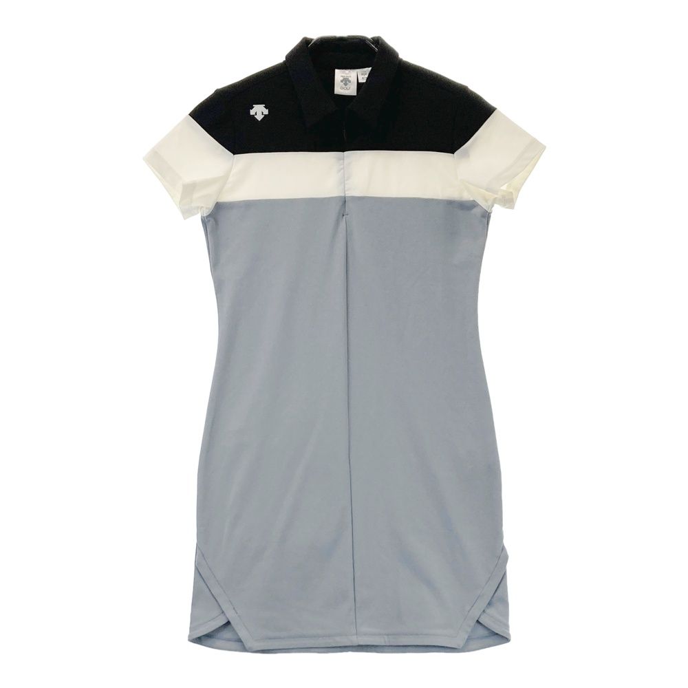 DESCENTE GOLFノースリーブ ポロ ワンピース 総柄 オレンジ系S デサントゴルフ ノースリーブワンピース 黒灰胸元ロゴ 異素材切替