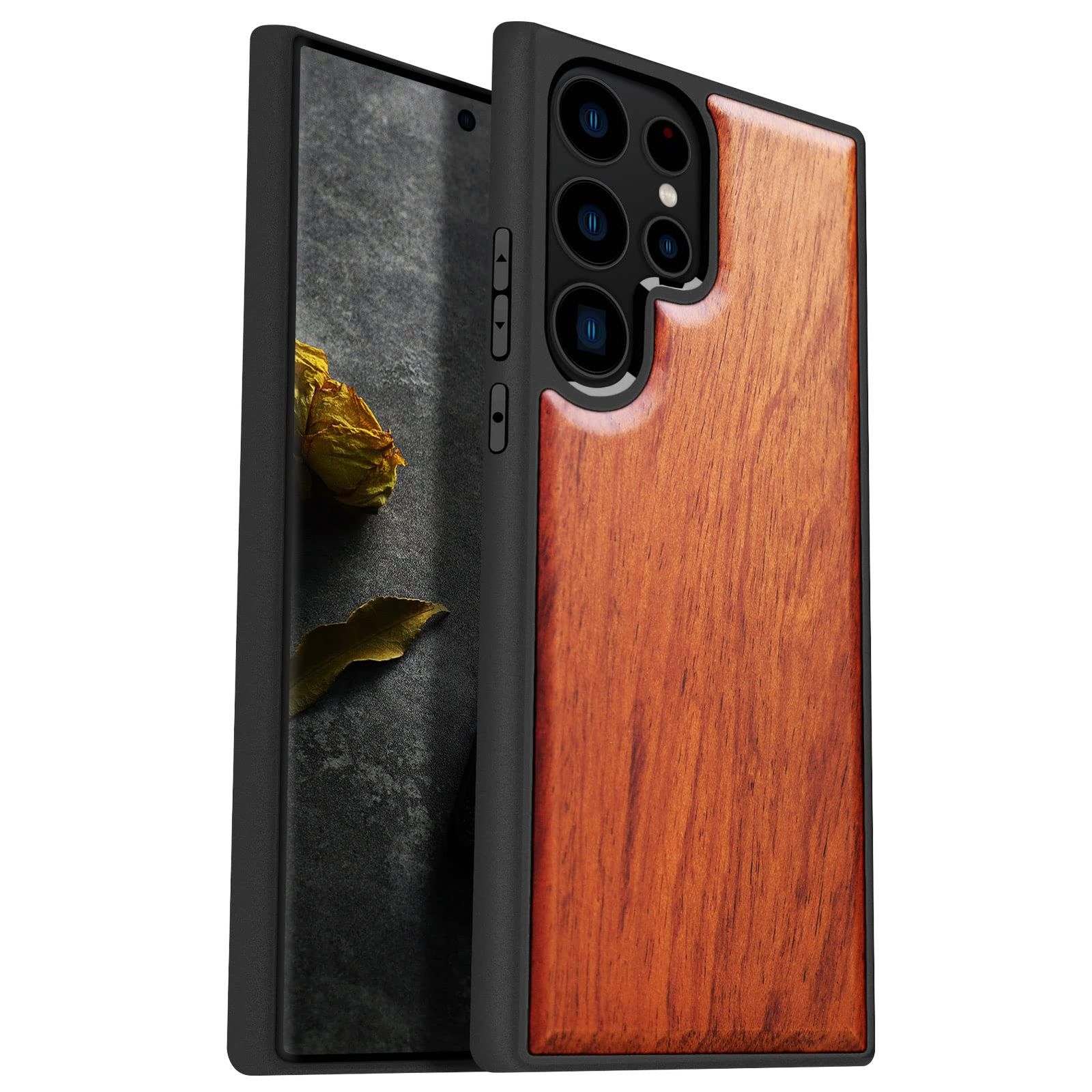 Carveit Galaxy S23 Ultraケース 2025年版用 木製ケース 天然木-ブラックソフトTPU 耐衝撃保護カバー ユニークで上品な木製ケース Samsung S23 Ultra対応 レッドウッド