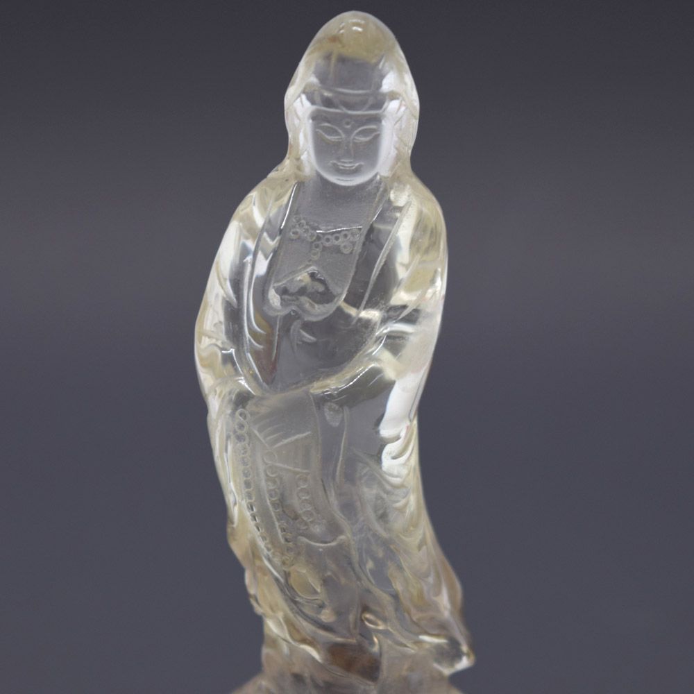 仏像彫刻 天然石製 シトリン 黄水晶 観音菩薩 台座付き 13cm