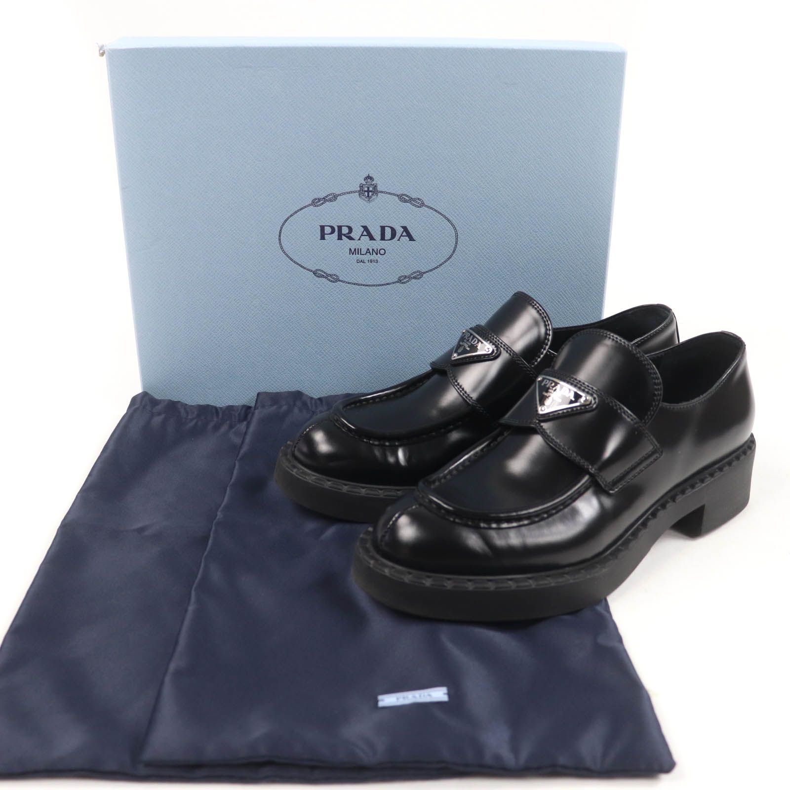 PRADA プラダ 1D246M チョコレート ブラッシュドレザー ローファー トライアングルロゴ ブラック 37.5 箱 保存袋付き イタリア製 レディース
