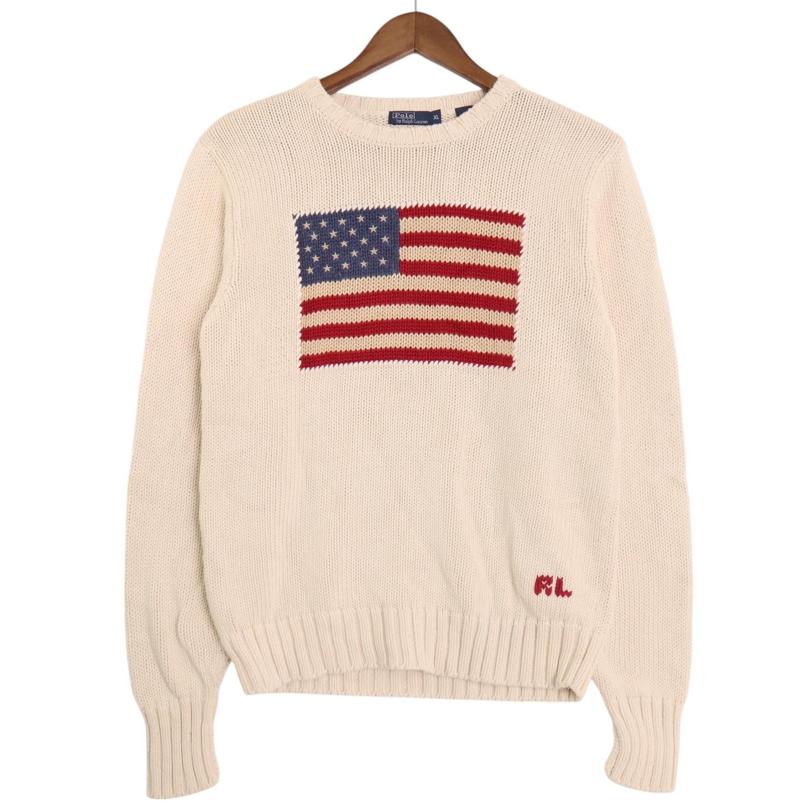 90年代 日本製 Polo by Ralph Lauren ポロ ラルフローレン 星条旗  コットン ローゲージニット セーター(メンズ XL) 中古 古着 A2877