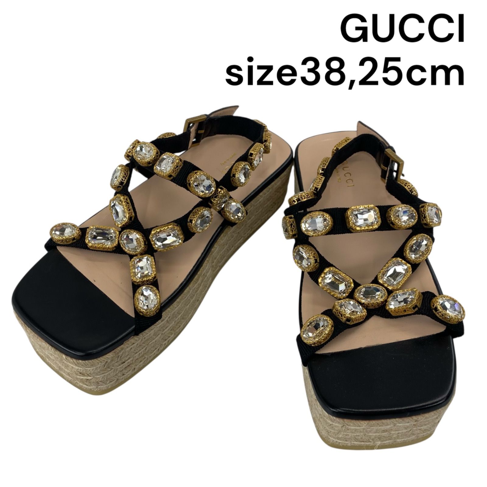 ○美品 グッチ GUCCI サンダル エスパドリーユ ビジュー ストン 