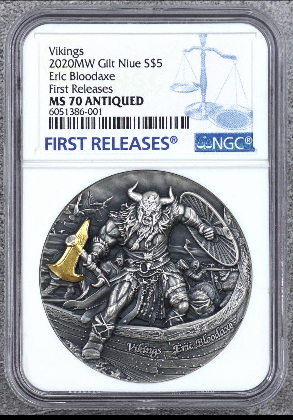 NGC MS70 Eric Bloodaxe Vikings Axeman 2oz Antique finish Silver Coin Niue 2020