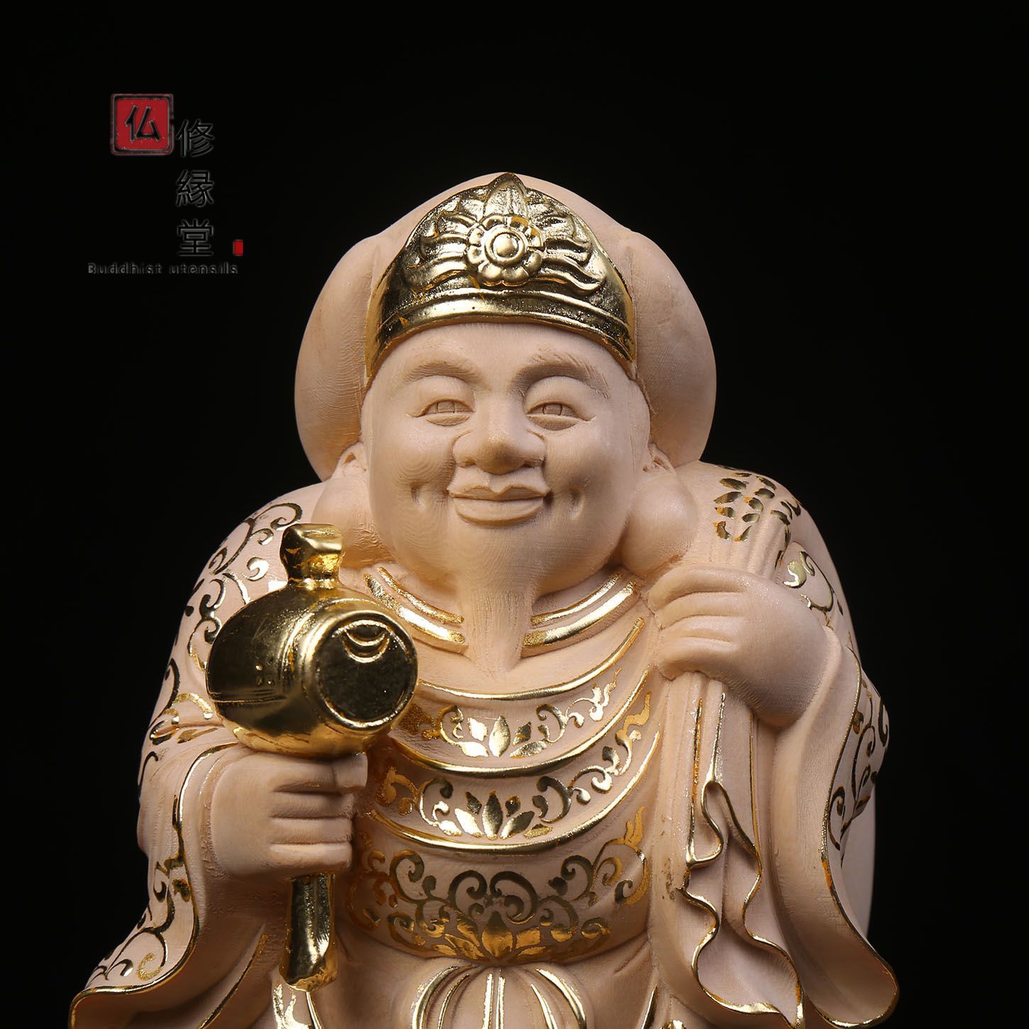 修縁堂】木彫り 仏像 福神大黒天 財神 本金 切金 檜材 彫刻 一刀彫 