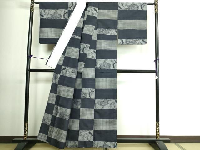 平和屋着物▽上質な紬 単衣 赤城玉糸 風景文 伝統工芸士 馬渕登 反端  