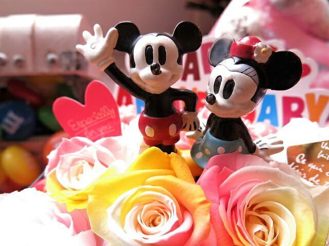 プリザーブドフラワー ディズニー ミッキー ミニー 入り 花束風 ギフト 箱開けてスマイル ボックス入り レインボーローズ