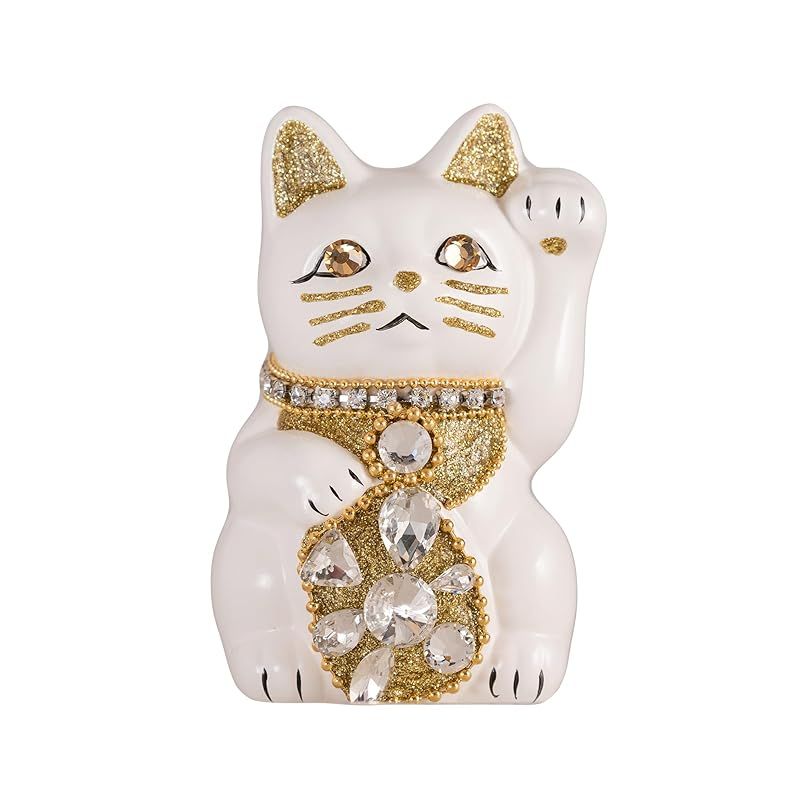 ご縁猫 ジュエリーキャット(S-SIZE 白 White）左手あげ/陶器