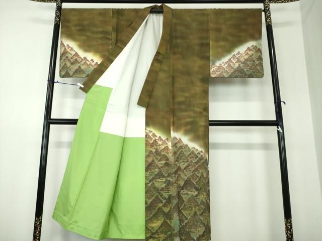 平和屋着物○男性 訪問着 紬地 手描き 遠山樹林文 正絹 逸品  