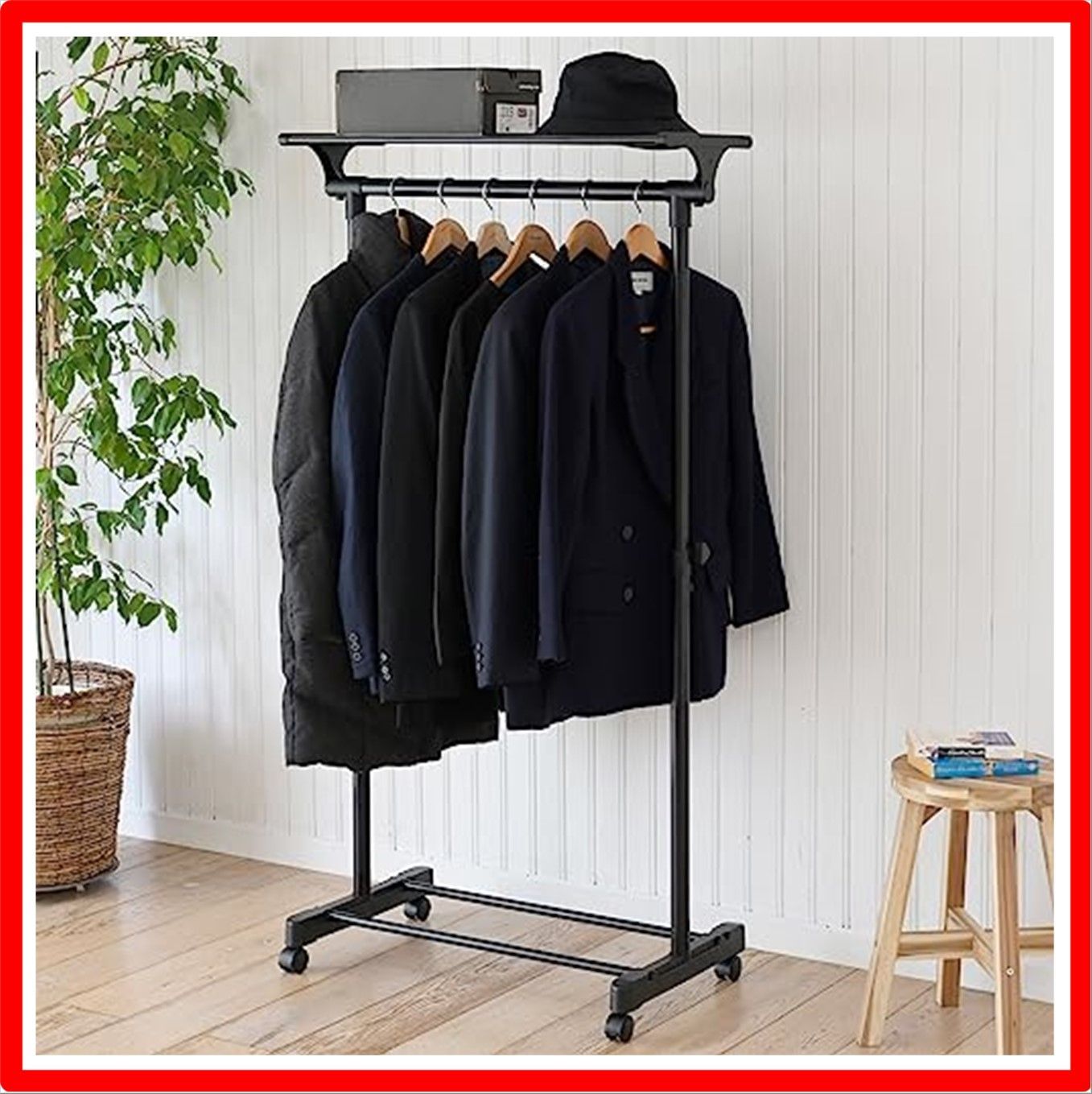 【送料無料 】オールブラック PatternName: シングル・棚付き [山善] ハンガーラック キャスター付き 幅75×奥行43×高さ95.5-158.5c