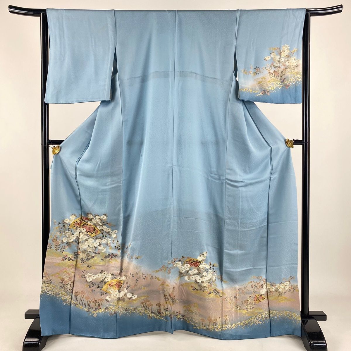 訪問着 身丈166.5cm 裄丈64cm M 袷 扇面 草花 螺鈿 金糸 水色 正絹 秀品