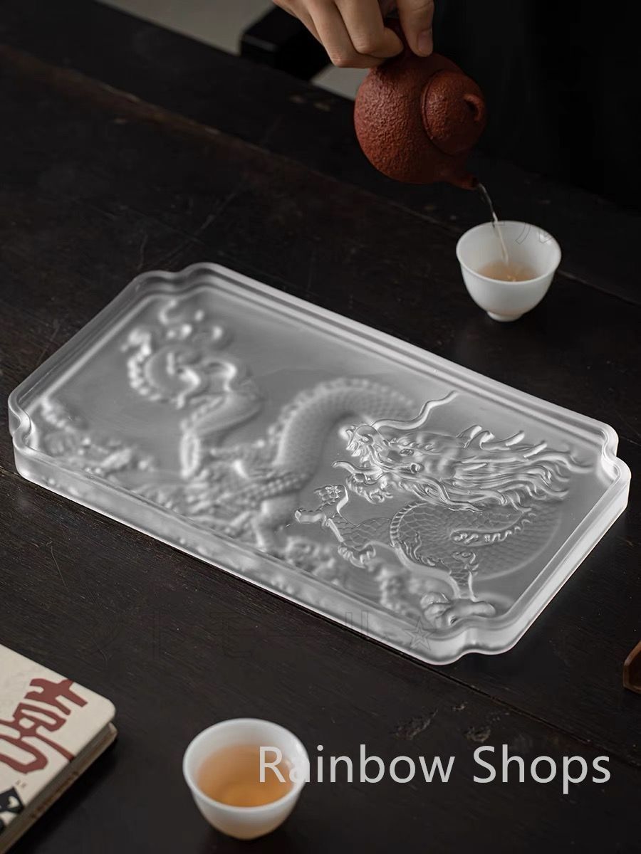 ♥ 透明 トレー トレイ 龍紋 リュウ 瑠璃 ガラス 急須受台 急須置き 茶台 茶盤 ティートレー 茶道具 茶壺の受け皿