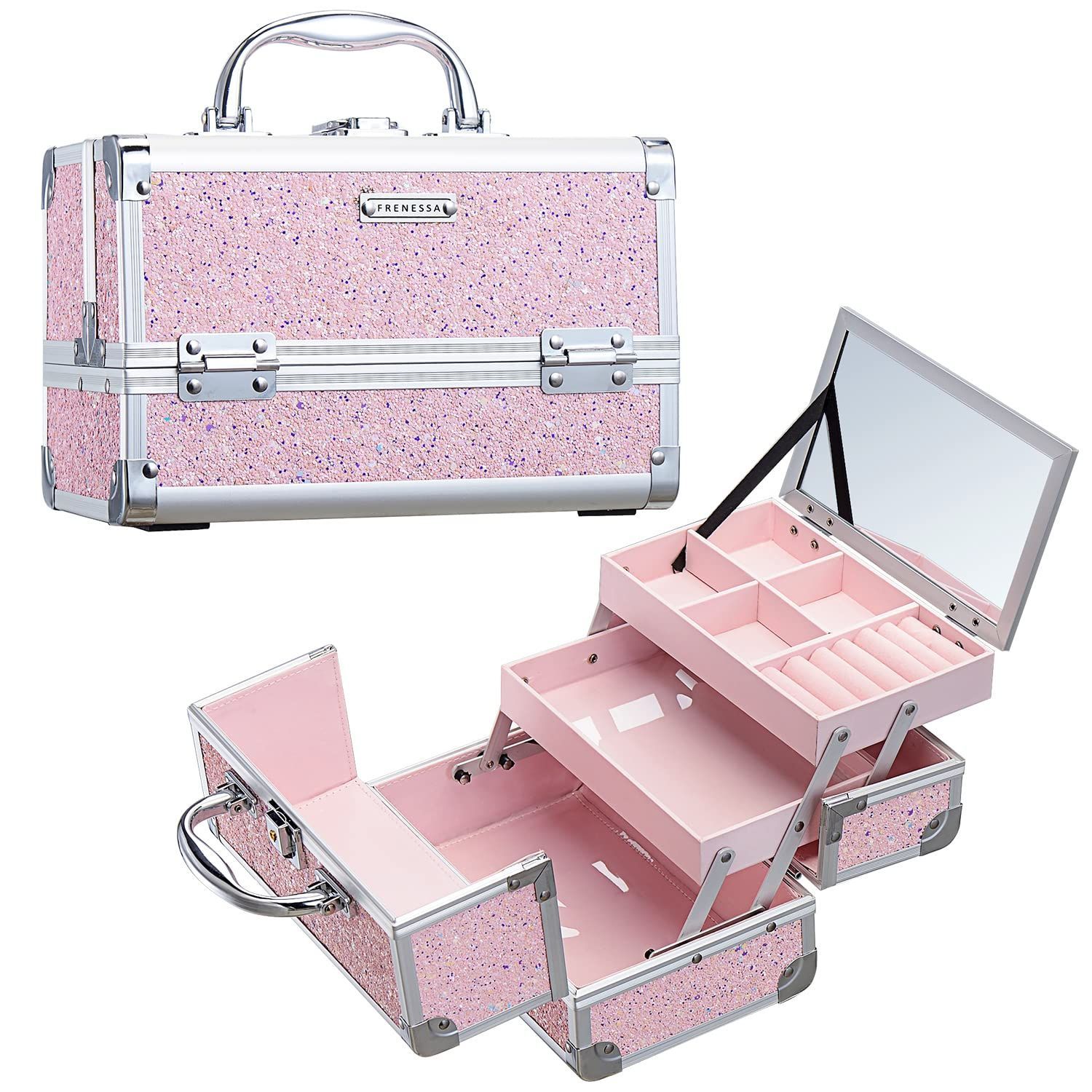 メイクボックス 2段トレイ 幅23cm メイク収納ボックス Joligrace 化粧ボックス 化粧箱 鏡付き コスメボックス 鍵付き コスメ道具 収納ボックス (ピンク スパンコール)