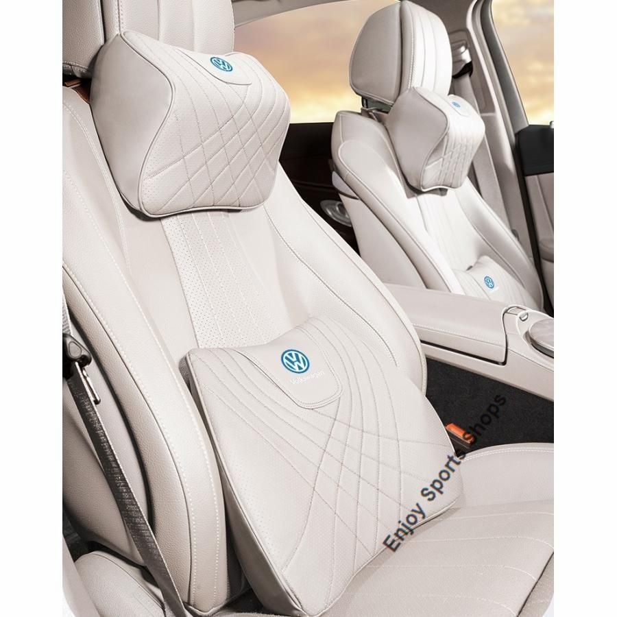 フォルクスワーゲン ベージュ ネックパッド 腰クッション 車用 背もたれクッション ネックピロー ヘッドレスト ナッパレザー 低反発 背当て 通気性 