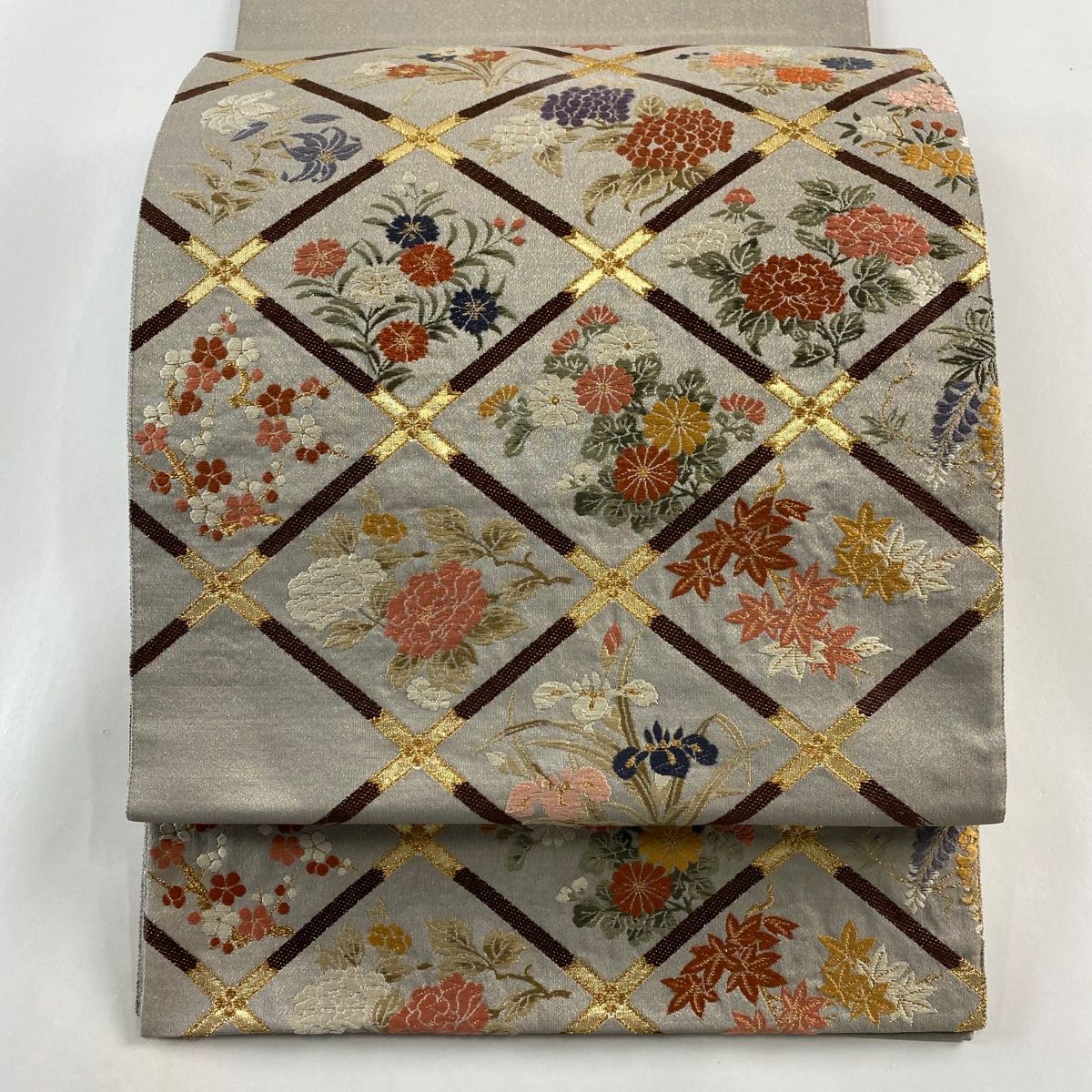 袋帯 美品 秀品 草花 霞 金糸 金銀彩 灰緑 お太鼓柄 正絹 【中古】