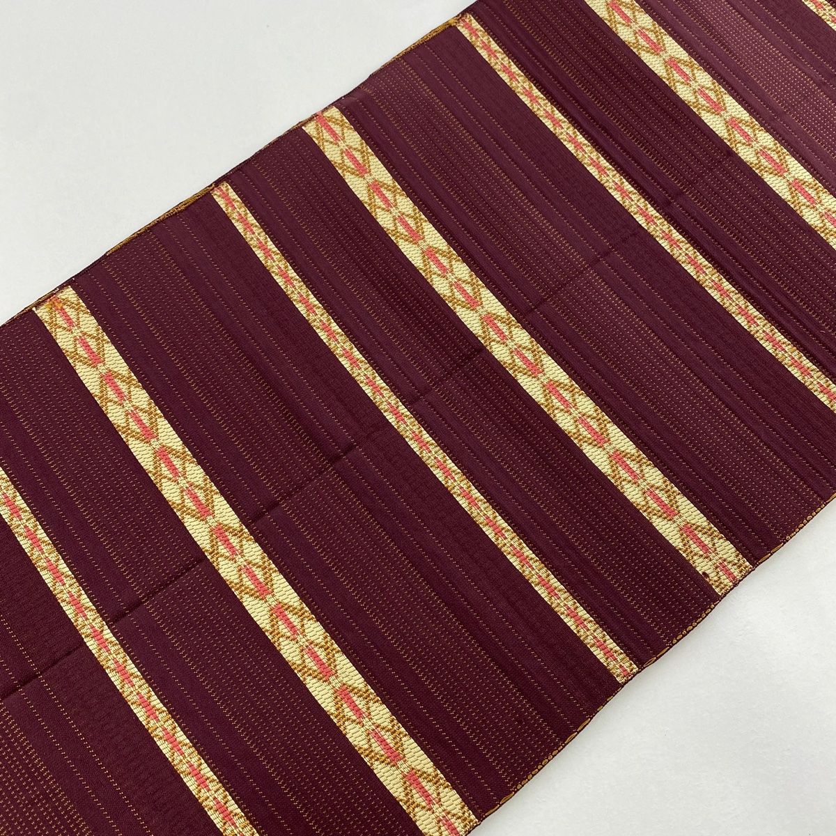 名古屋帯　縞　正絹 美品】 名古屋帯 優品 段縞 金糸 赤茶 正絹 【中古】 - メルカリ