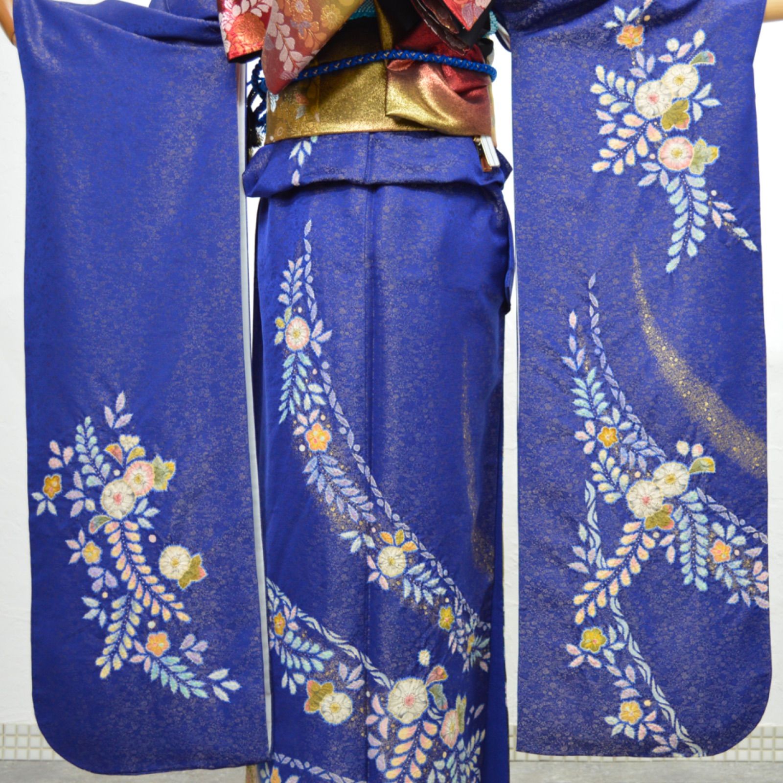 美品》正絹 振袖フルセット M〜LLサイズ 辻が花 落款あり 成人式 青地