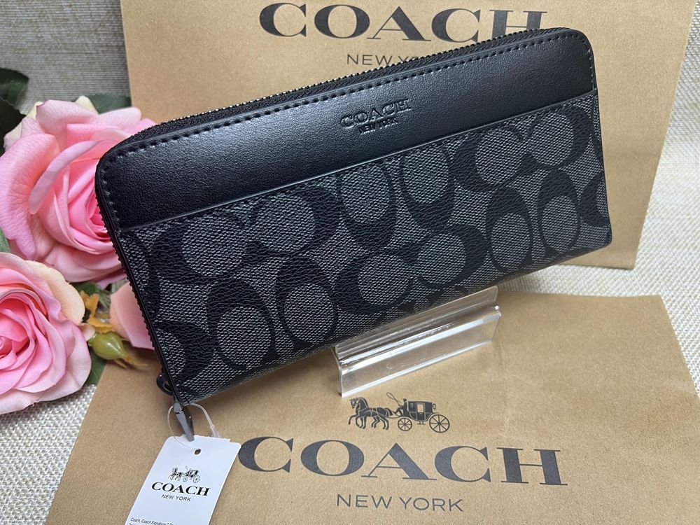 コーチ長財布 財布 COACH シグネチャー ラウンドファスナー チャコール ...