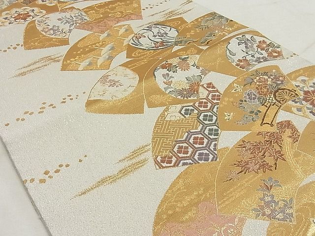 平和屋着物◎つづれ 六通柄袋帯 扇面取草花文 金糸 銀通し地