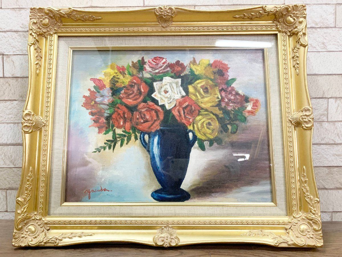 安田雄次郎画 油彩「薔薇」肉筆 花 静物画 油彩画 アンティーク 安田雄次郎画 油彩「薔薇」肉筆 花 静物画 油彩画 アンティーク