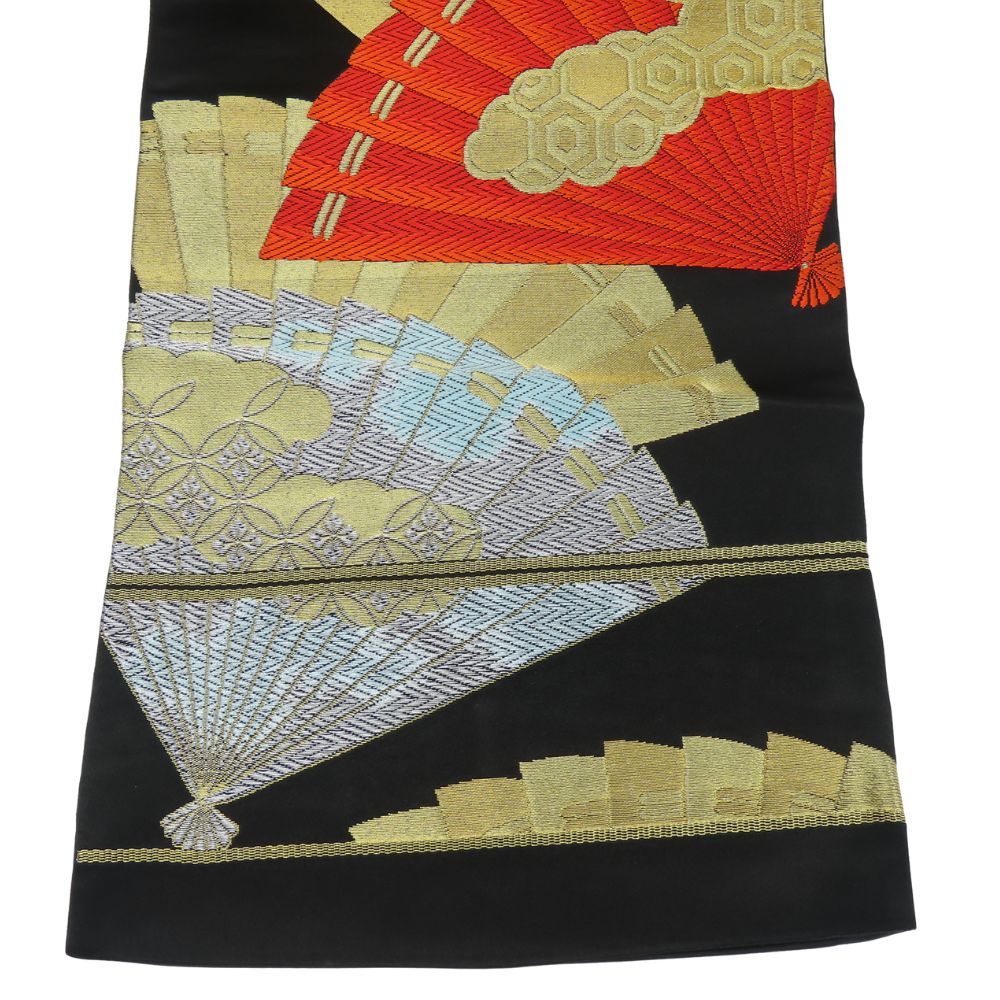 中古】 袋帯 正絹(金銀糸除く) 黒 金 朱 フォーマル 和装 呉服 和服  