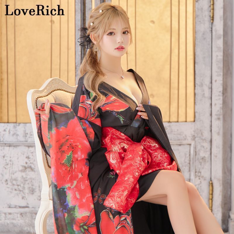 送料無料! LoveRich ラブリッチ ライン 2 2点セット 花柄 シフォン レース ミニスカート ロング 豪華 花魁 着物 ドレス コスプレ イベント ハロウィン 1321 全国送料無料です！