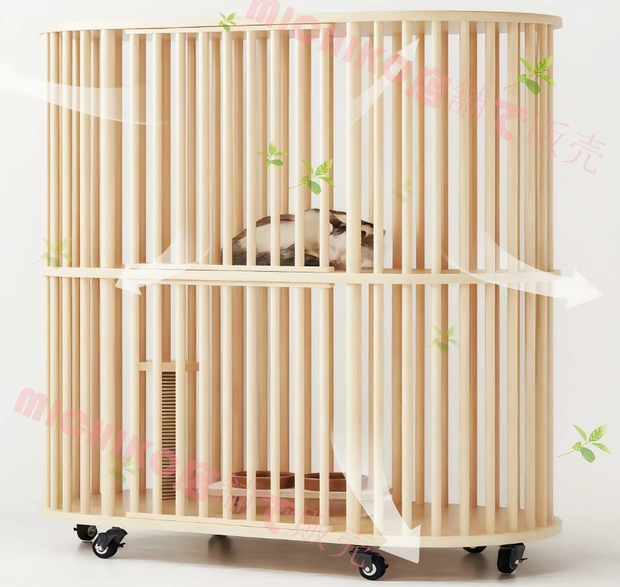 猫ケージ キャットハウス 2段 112*56*109cm 木製 猫用エンクロージャ 大型 ペットケージ キャスター付き 多頭飼い 広いスペース 猫の巣 猫別荘 保護 脱走防止 組立簡単