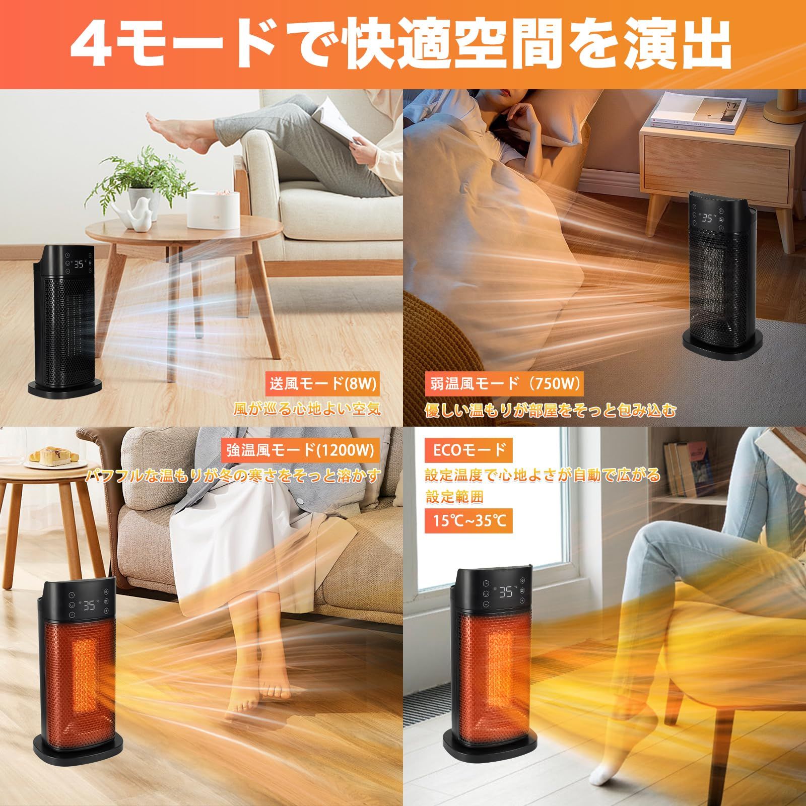 1200Wのパワフルな暖房能力を持つセラミックヒーター