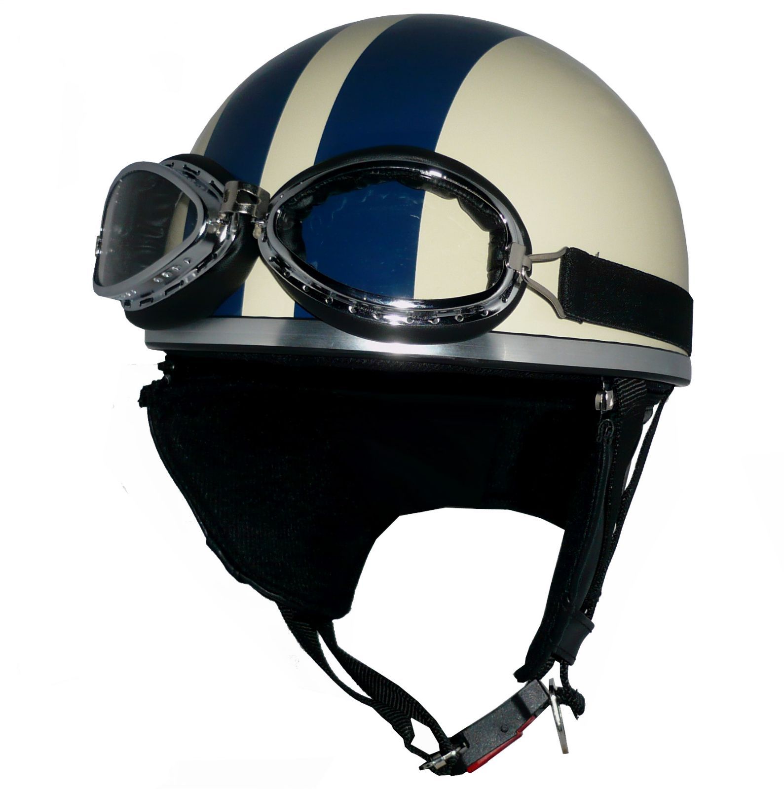 新品！ ZK-200 ヘルメット装飾ゴーグル付きビンテージヘルメット【アイボリー/ネイビー】SG公認 PSC認可！125cc以下対応　チャック式着脱耳当て装備 盗難防止金属ホルダー フリーサイズ(57～60)