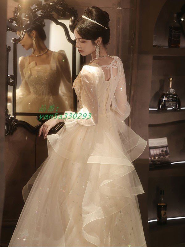 ドレス 大人 ピアノ 発表会 ロングドレス 大きいサイズ 袖付き キラキラ 長袖 結婚式 演奏会 yan5a330293