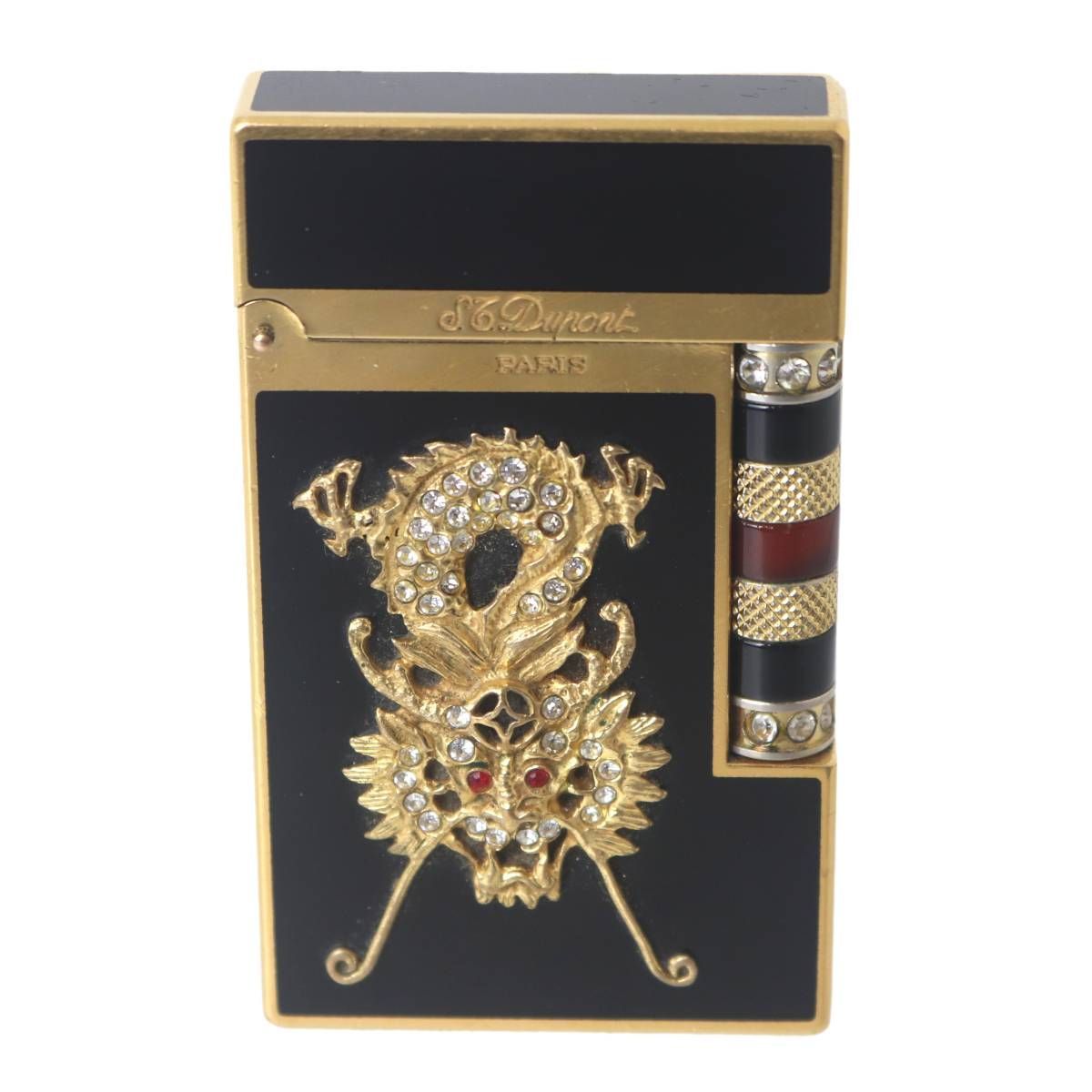 S.T. DUPONT エス テー デュポン ガスライター ライン2 龍 ストーン欠けあり ブラック×ゴールド 62×37×7 mm NT Bランク