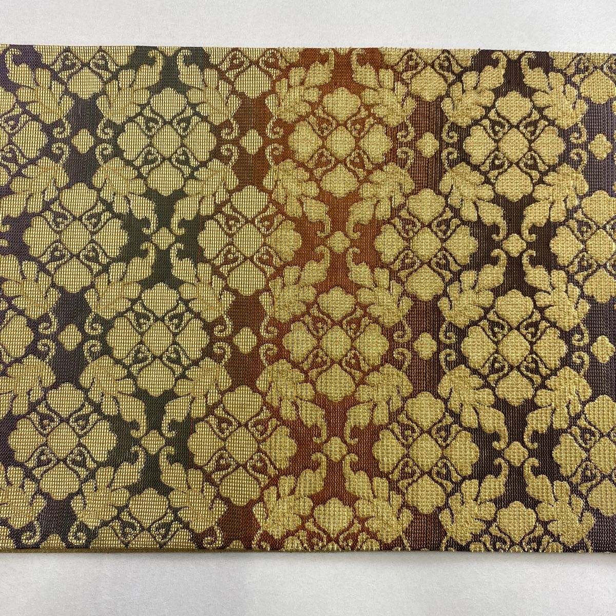 袋帯 美品 名品 段縞 葉柄 金糸 輪奈織 灰紫 六通 正絹 【中古