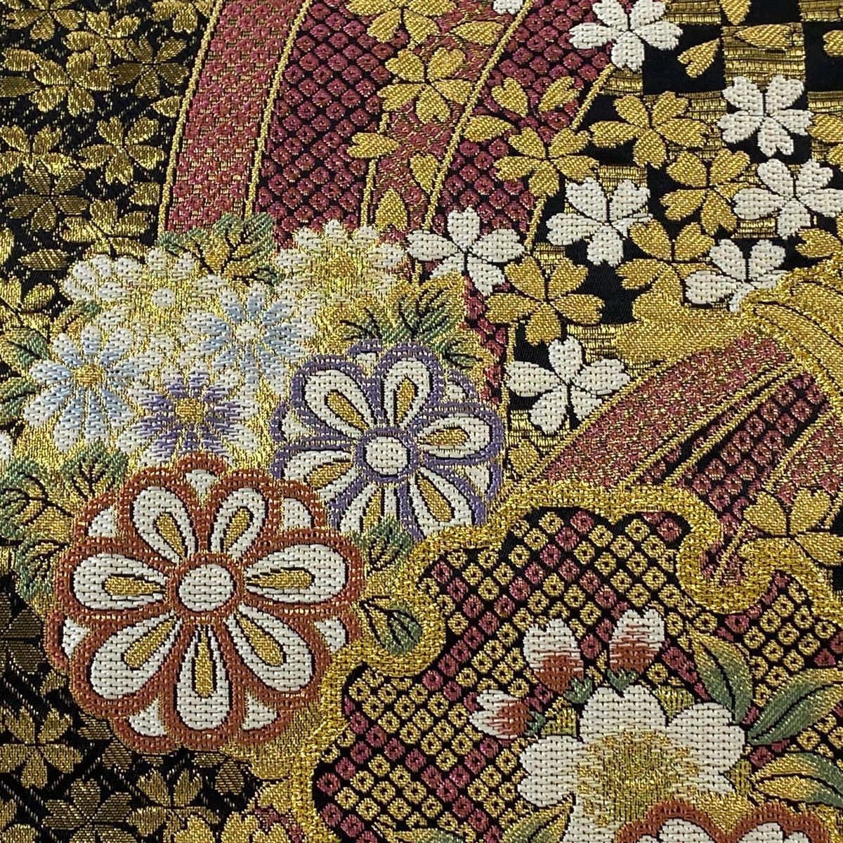 袋帯 美品 秀品 束ね熨斗 雪輪 箔 金糸 黒 六通 正絹 【中古