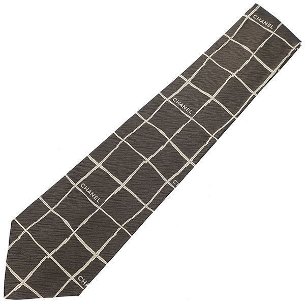 シャネル CHANEL ネクタイ 格子柄 9.5cm シルク ブラウン 茶 【中古