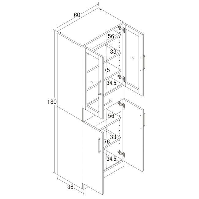 鏡面メラミン仕様 食器棚幅60cm カップボード高さ180cm（833） 鏡面メラミン仕様 食器棚幅60cm カップボード高さ180cm キッチン